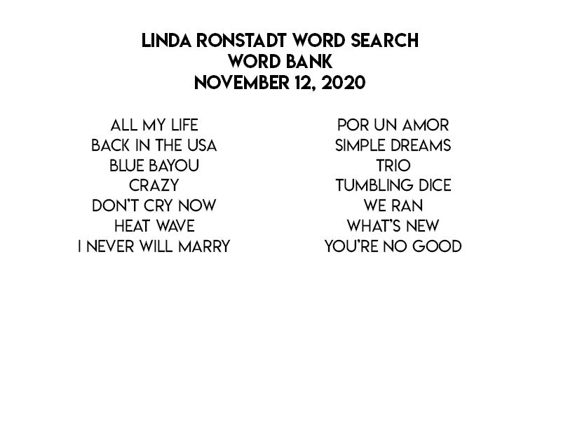 Linda Ronstadt Wordsearch Word Bank 11.12.2020