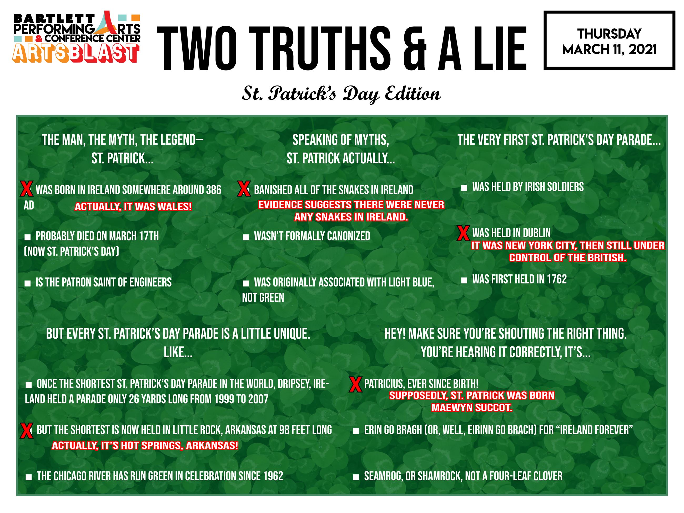 St Paddys Two Truth and A Lie ANSWERS