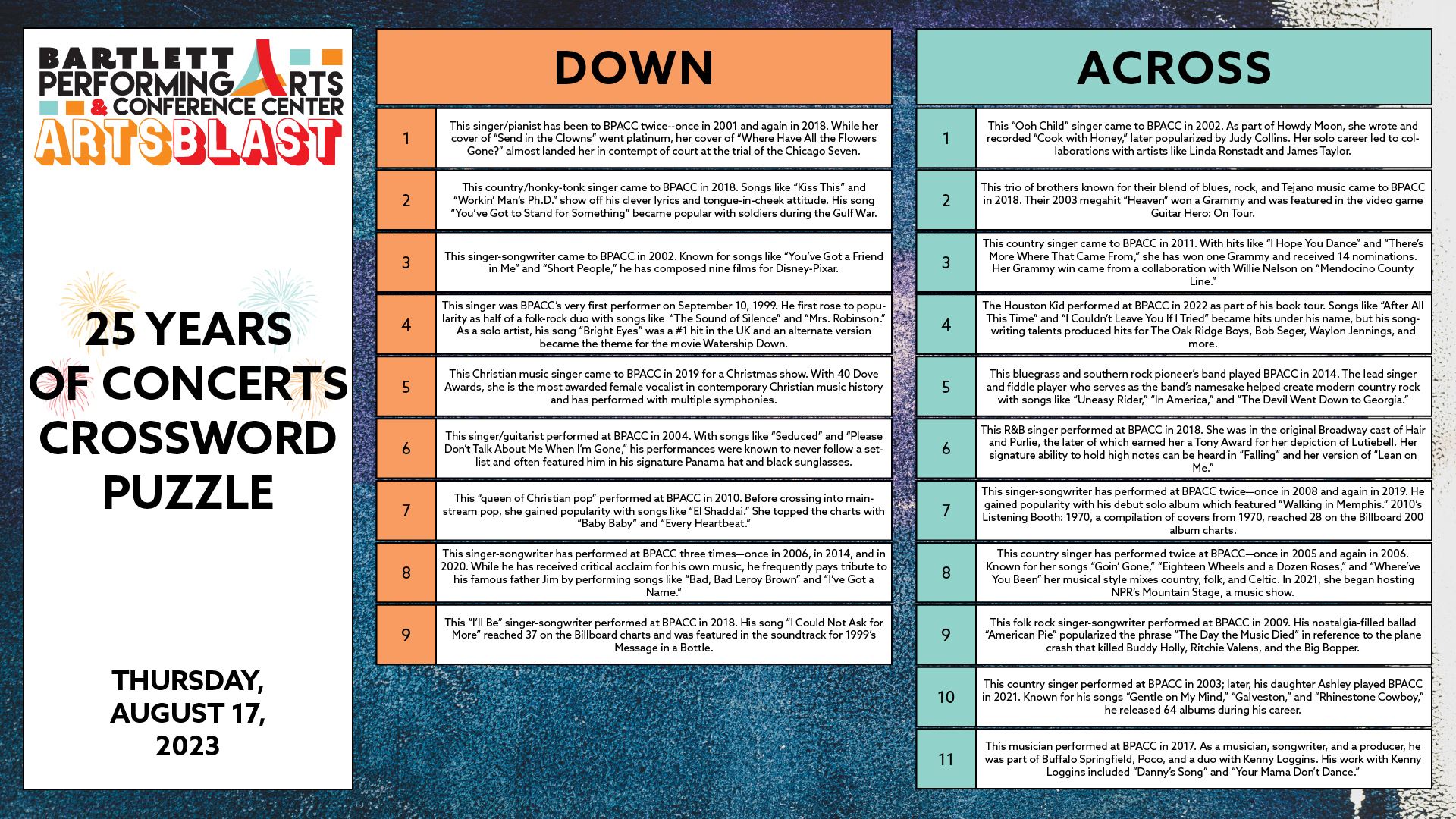 Anniversary Concert Crossword Hints