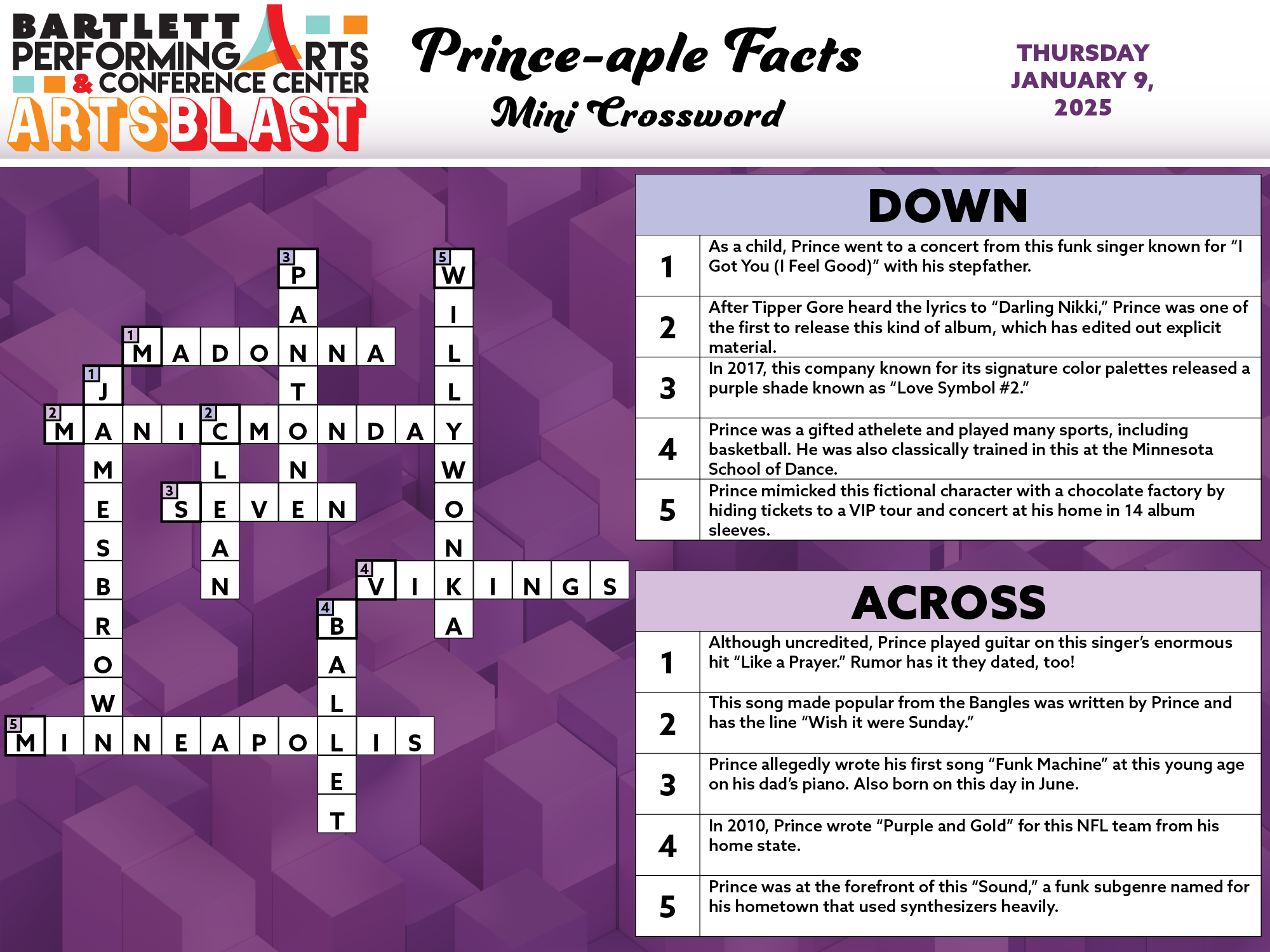 Prince Mini Crossword ANSWERS