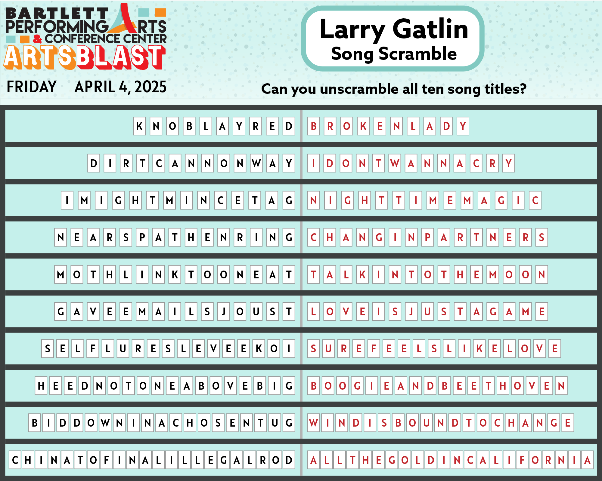 Gatlin Song Scramble ANSWERS