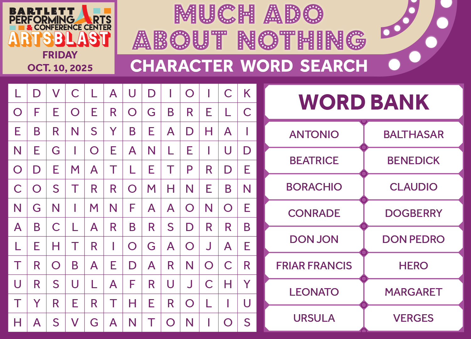 Much Ado About Nothing Character Word Search